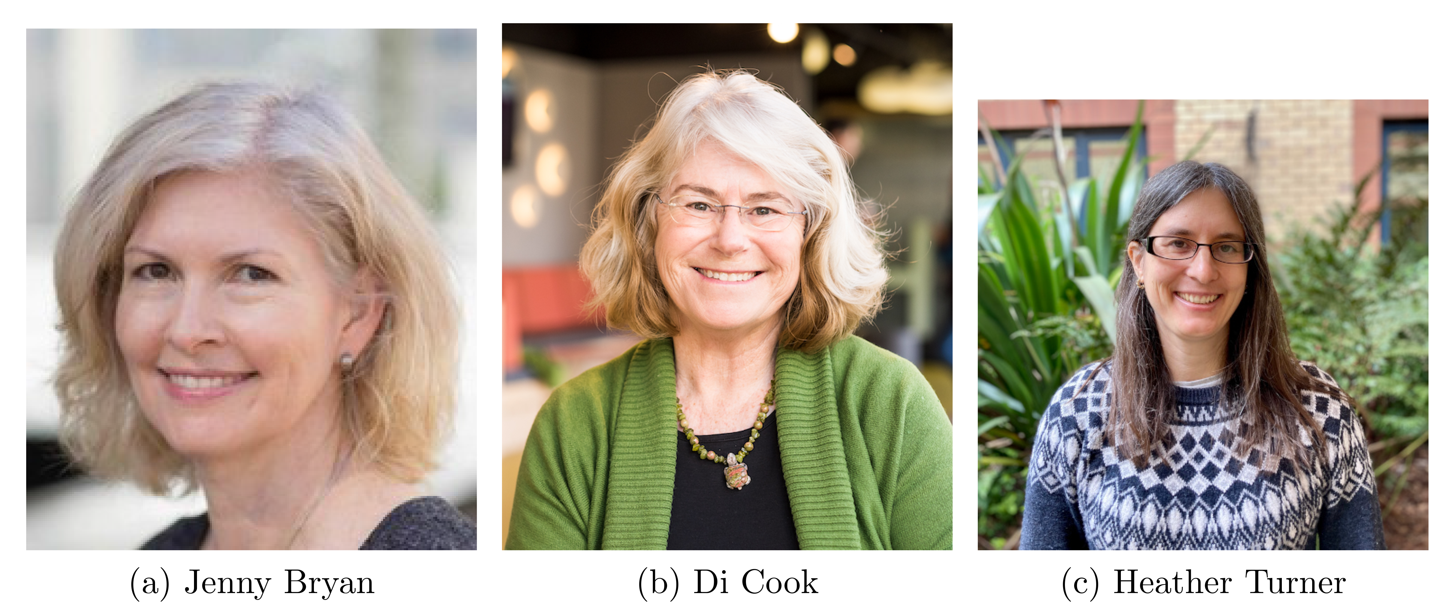 Important female contributors to **R**. Photos from https://education.rstudio.com/trainers/people/bryan+jenny/, https://statsocaus.github.io/dicook-award/about.html, https://warwick.ac.uk/fac/sci/statistics/staff/academic-research/turner/, retrieved on 05/14/2026.