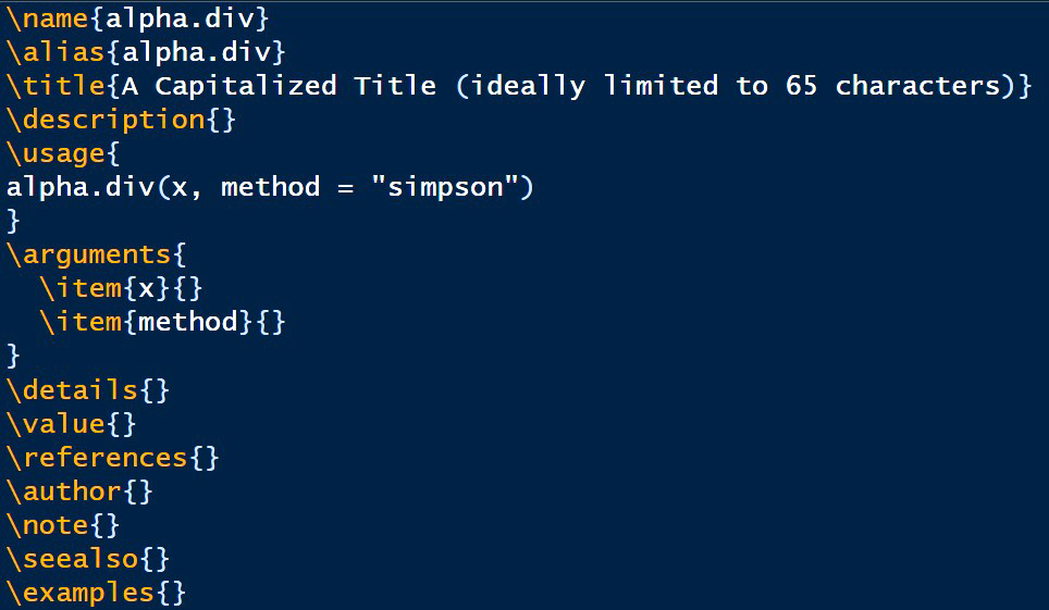 Documentation file skeleton for the function `alpha.div()`. Some auto-generated content omitted for brevity.