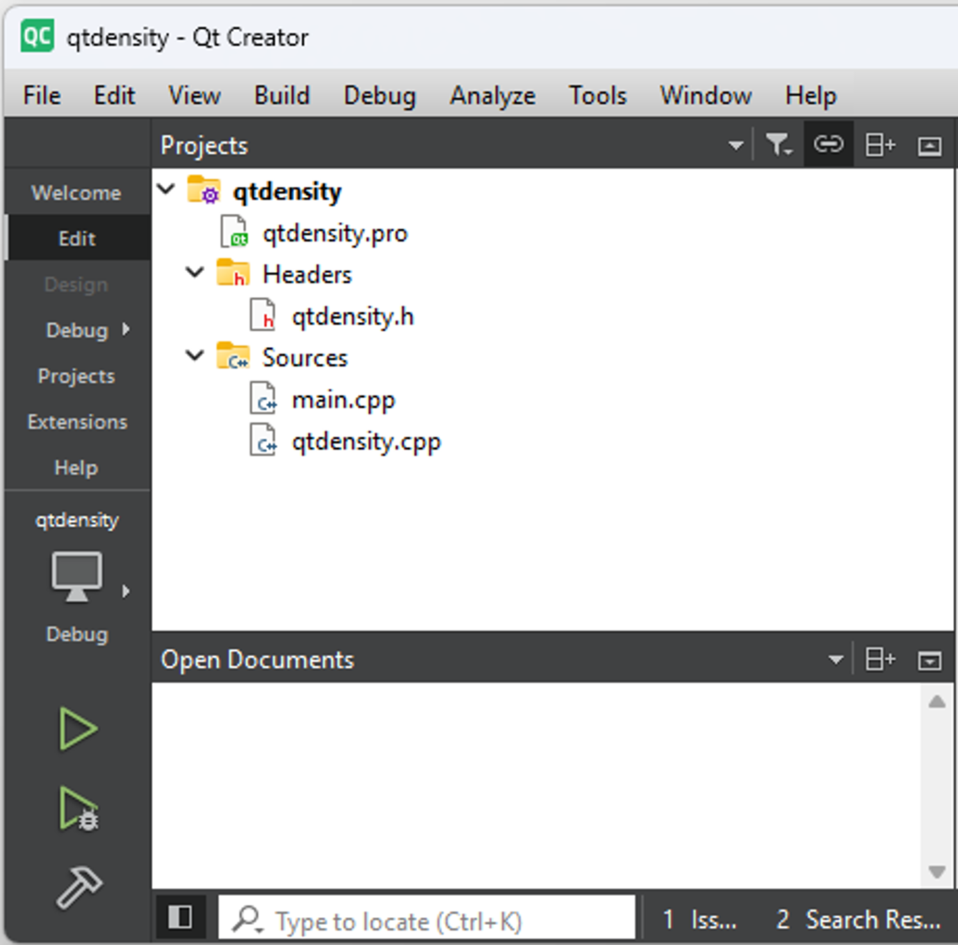 Qt Creator$^{\circledR}$ project screen for the *RInside* app `qtdensity`.